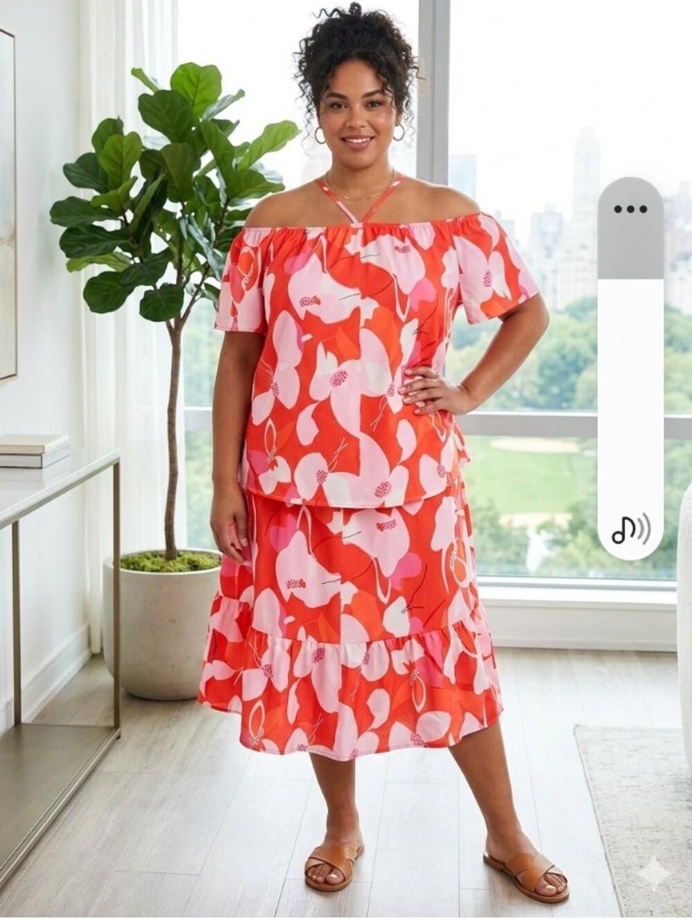 Floral High-Low Skirt Set in Bold Red and Pink